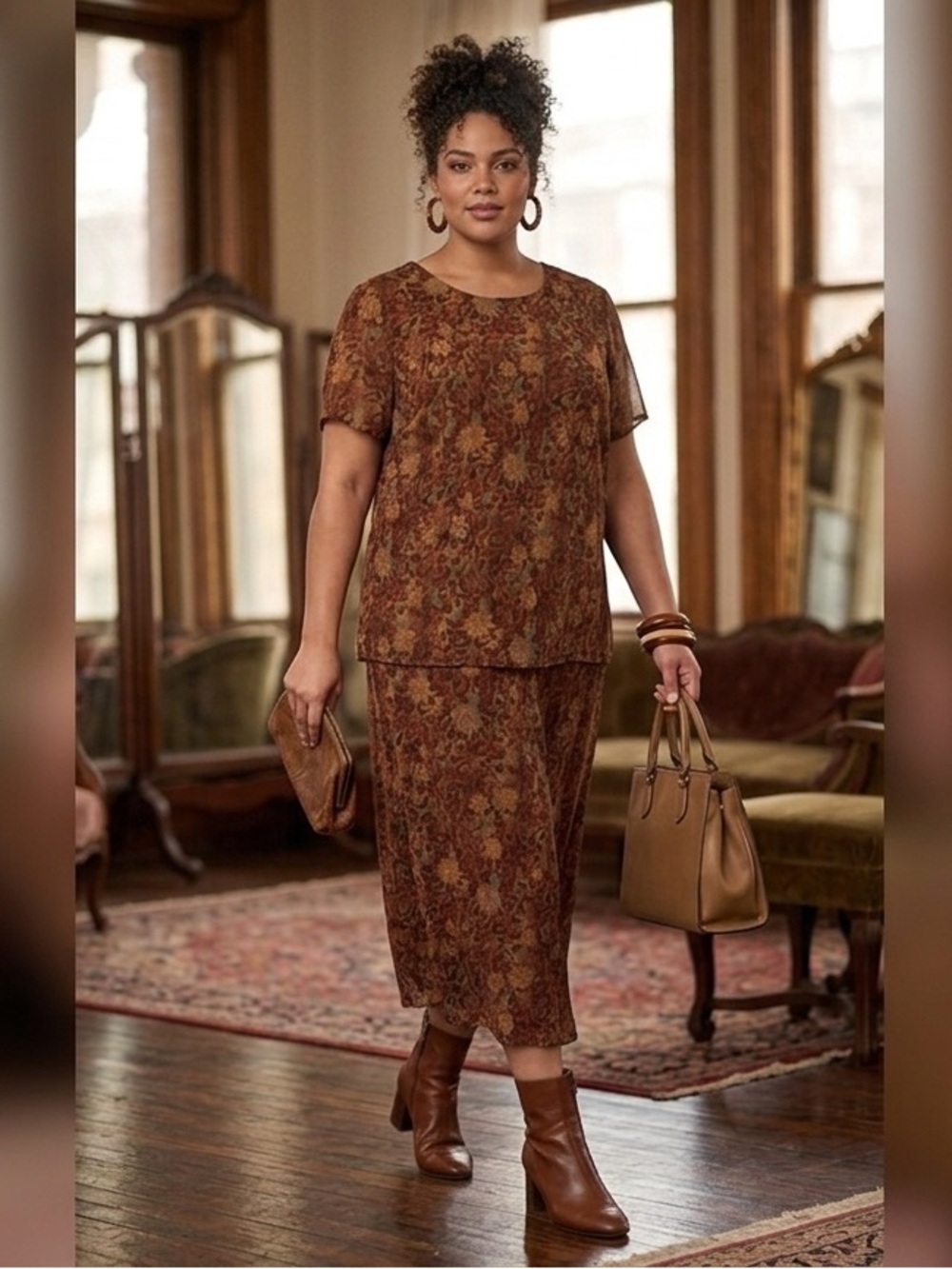 Vintage 80’s Floral Print Dress Set in Brown & Olive